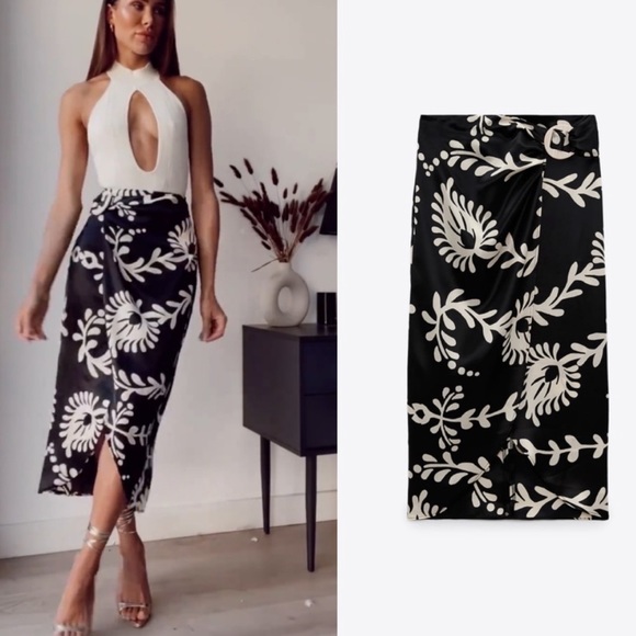 Zara satin midi skirt — Black & white side buckle detail — paisley floral print - Picture 7 of 9